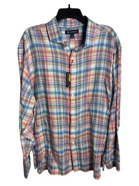 NWT Cremieux XXL Linen Long Sleeve Button Up Multi Plaid Beach Party Ready
